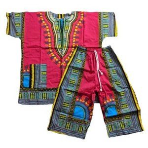 Unisex African Dashiki Shirt & Capri Pants 2pc. Set Hot Pink and Blue One‎ Size